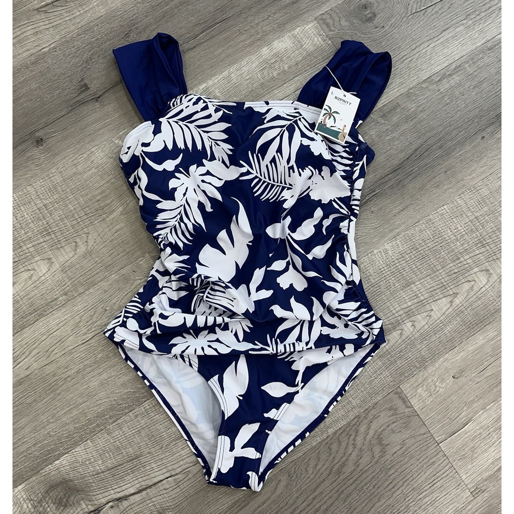 Women B2PRITY One Piece Swimsuit Navy White Tropical Palm Print Ruched Front NWT